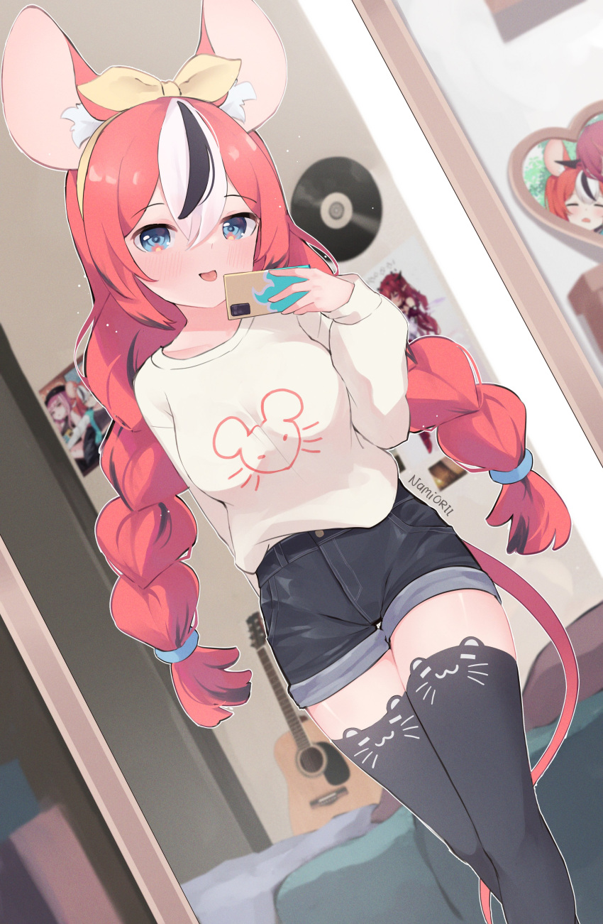 1girl absurdres animal_ears arm_behind_back bangs bed blue_eyes braid breasts cellphone guitar hair_between_eyes hakos_baelz head_tilt highres hololive hololive_english indoors instrument large_breasts long_hair looking_at_mirror looking_at_viewer mirror namiorii phone redhead reflection short_shorts shorts standing tail thigh-highs thighs twin_braids twintails zettai_ryouiki