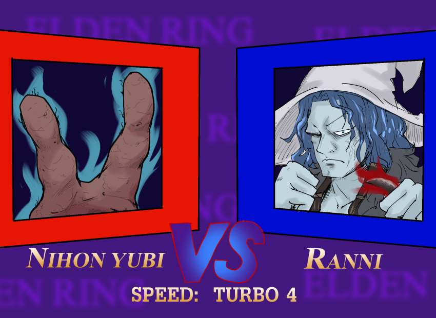1girl blue_hair clenched_hands closed_mouth collarbone elden_ring grey_headwear hand_focus hands_up hat highres holding long_hair looking_at_viewer muscular muscular_female parody ranni_the_witch serious street_fighter street_fighter_ii_(series) two_fingers_(elden_ring) v valtor vs witch_hat