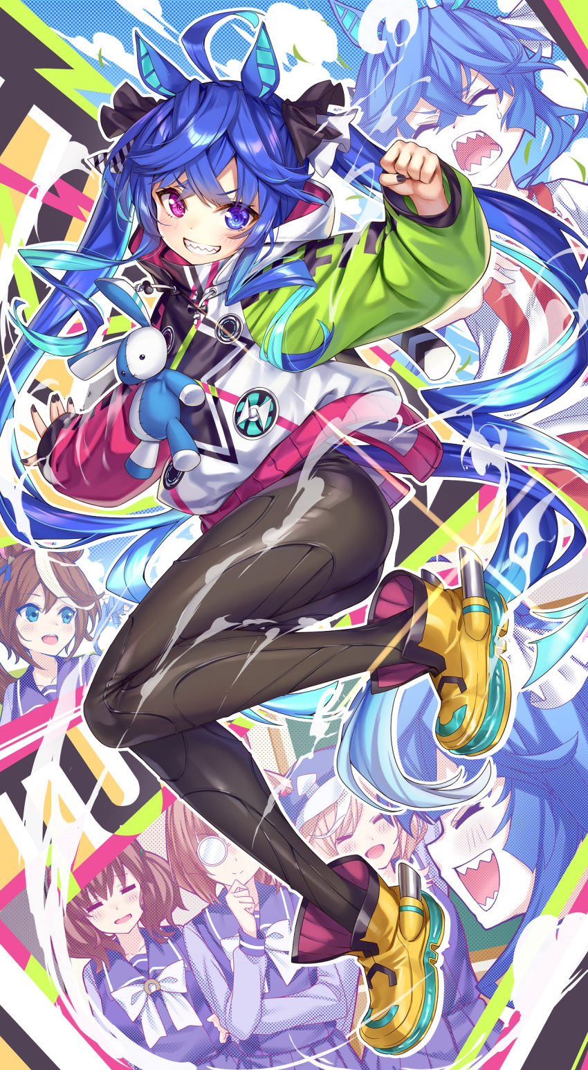 5girls ahoge animal_ears arm_up black_pants blue_hair boots brown_footwear character_request clenched_hand full_body green_sleeves grin heterochromia highres horse_ears horse_girl horse_tail jacket ks_(xephyrks) long_hair multiple_girls nail_polish outstretched_arms pants pink_sleeves sharp_teeth smile stuffed_animal stuffed_rabbit stuffed_toy tail teeth tight tight_pants twin_turbo_(umamusume) twintails two-tone_sleeves umamusume white_jacket