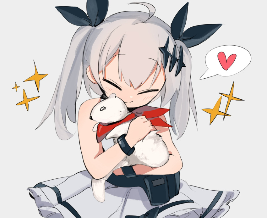 1girl aged_down ahoge animal_hug bracelet chesed_(uporyz) closed_eyes commentary dress ferret five-seven_(adventures_of_fenfen)_(girls'_frontline) five-seven_(girls'_frontline) girls_frontline grey_background grey_hair hair_ornament hair_ribbon heart highres jewelry official_alternate_costume red_scarf ribbon scarf simple_background sleeveless sleeveless_dress smile solo sparkle spoken_heart twintails white_dress