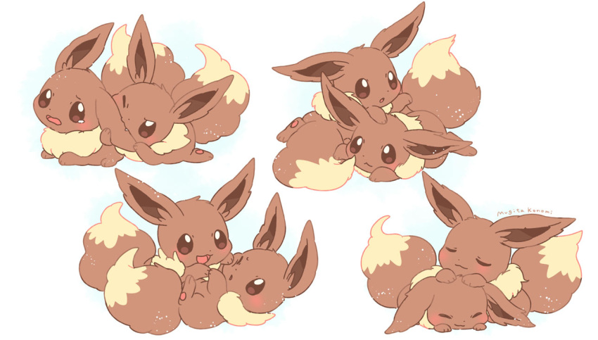 :d blush brown_eyes commentary_request eevee mugita_konomi multiple_views nibbling no_humans open_mouth pokemon pokemon_(creature) signature simple_background smile tearing_up white_background
