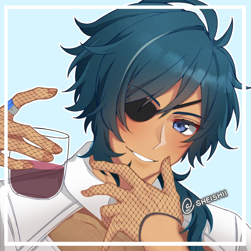 1boy alcohol blue_background blue_eyes blue_hair cup dark-skinned_male dark_skin drinking_glass eyepatch fishnet_gloves fishnets genshin_impact glass gloves hair_between_eyes highres holding holding_cup kaeya_(genshin_impact) male_focus sheishii shirt smile teeth white_shirt wine wine_glass