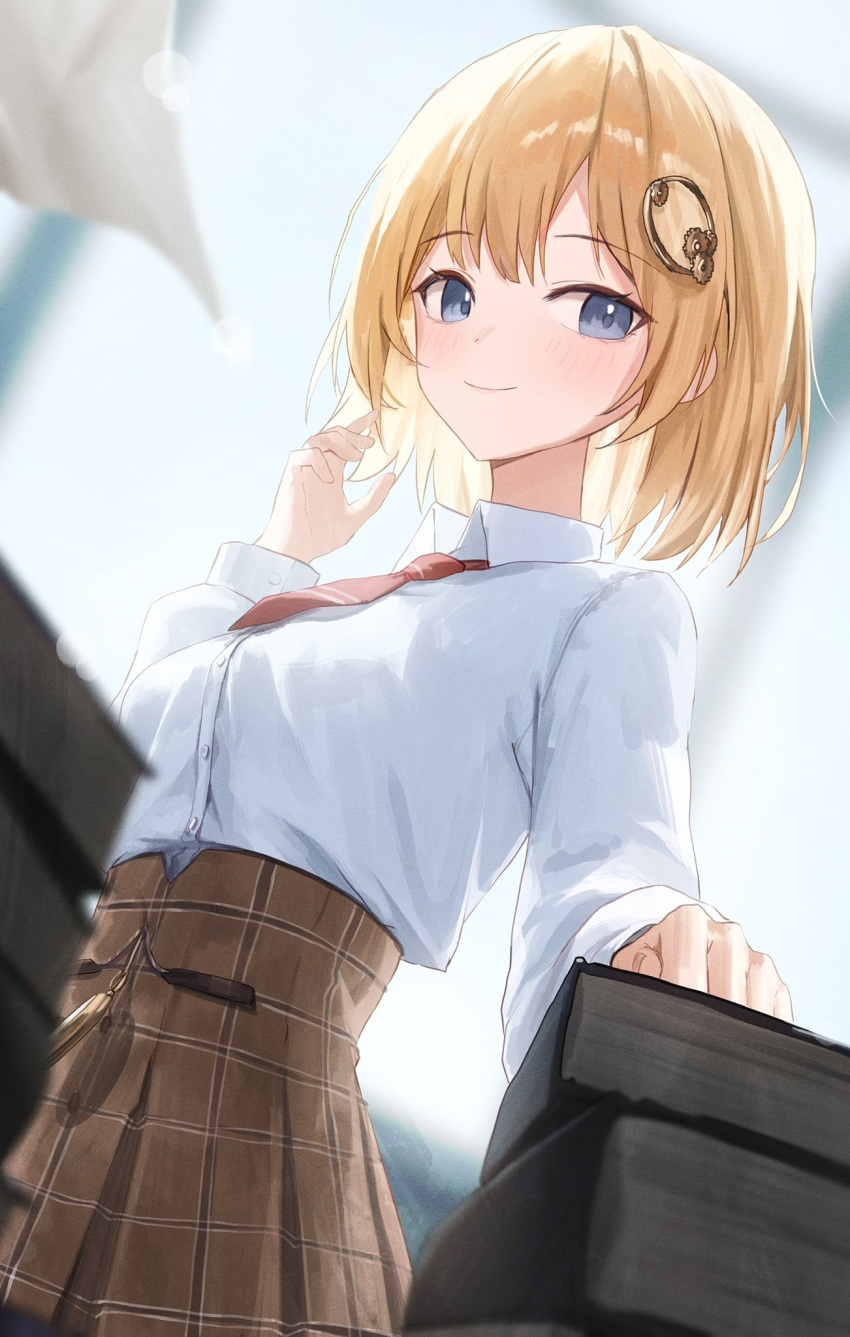 1girl backlighting blonde_hair blue_eyes blurry book book_stack breasts brown_skirt buttons clenched_hand closed_mouth depth_of_field dress_shirt dutch_angle fingernails foreshortening gnns hair_ornament hand_up high-waist_skirt highres hololive hololive_english lens_flare long_sleeves medium_breasts monocle_hair_ornament necktie plaid plaid_skirt pleated_skirt red_necktie shirt short_hair skirt smile solo virtual_youtuber watson_amelia white_shirt