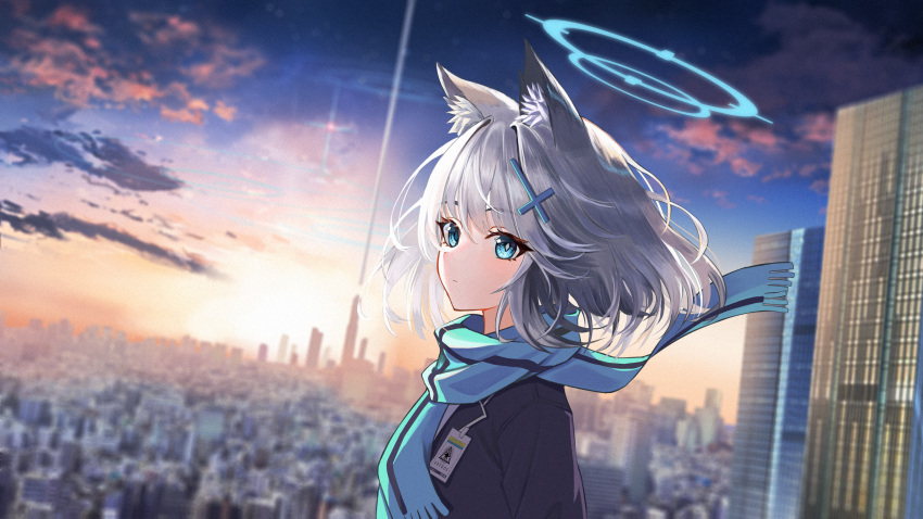 1girl absurdres animal_ear_fluff animal_ears astelia bangs blue_archive blue_eyes blue_scarf blurry building cityscape closed_mouth clouds commentary_request cross_hair_ornament depth_of_field grey_hair hair_between_eyes hair_ornament halo highres id_card looking_at_viewer medium_hair outdoors scarf shiroko_(blue_archive) sky skyscraper solo sunrise upper_body