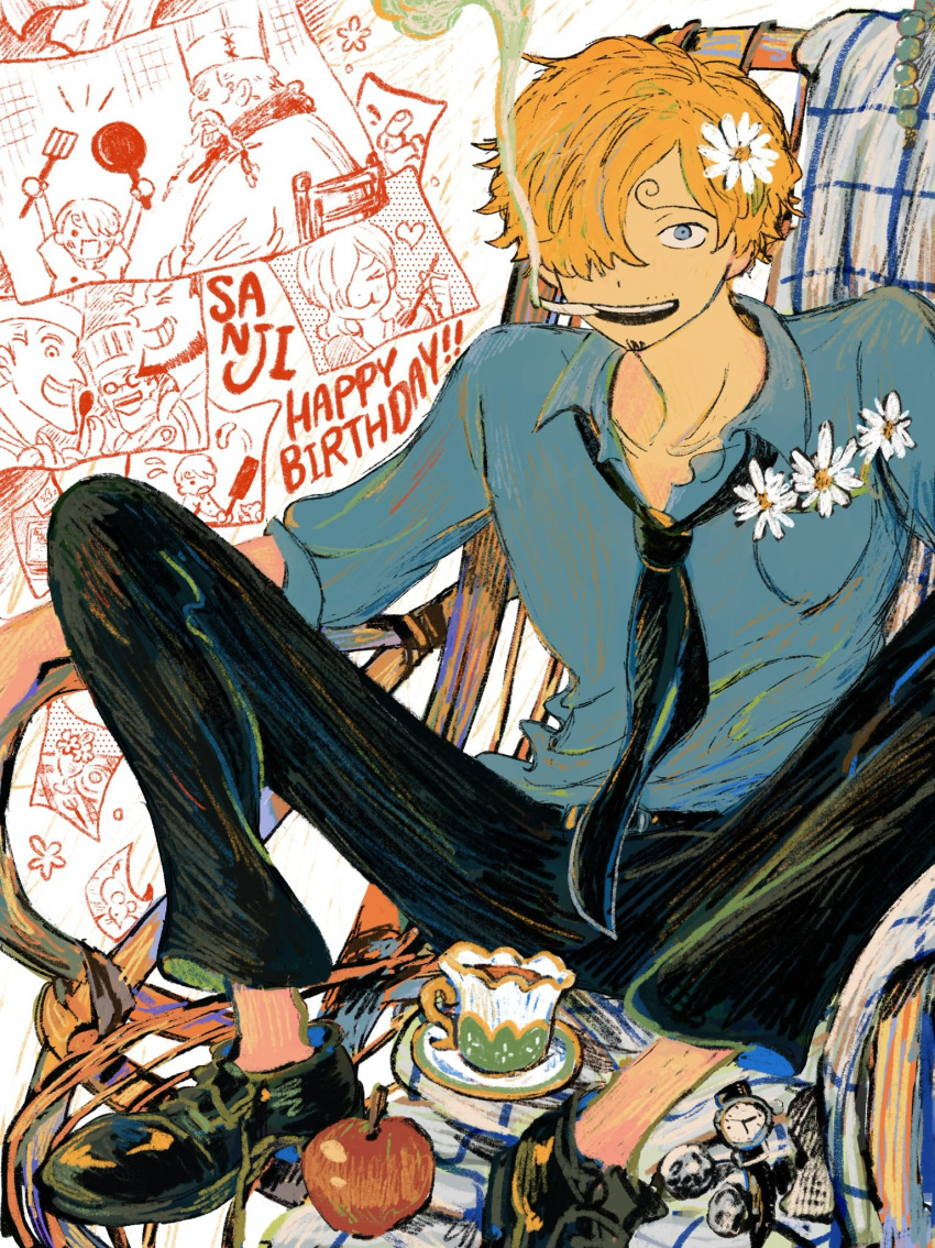 1boy :d apple black_pants blonde_hair blue_eyes blue_shirt chair cup facial_hair flower flower_in_pocket food fruit hair_flower hair_ornament hair_over_one_eye happy_birthday highres makenevemoiine male_focus necktie one_piece pants photo_(object) red_shoes_zeff sanji_(one_piece) shirt short_hair sitting sleeves_rolled_up smile smoking solo teacup vinsmoke_sora watch watch