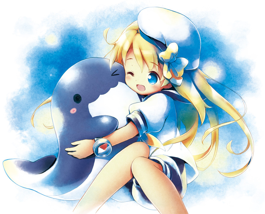 1girl ;d aikei_ake animal animal_hug bangs beret blonde_hair blue_eyes blue_sailor_collar blue_shorts blush bow commentary_request compass feet_out_of_frame hair_between_eyes hat long_hair one_eye_closed original puffy_short_sleeves puffy_shorts puffy_sleeves sailor_collar shirt short_sleeves shorts smile solo very_long_hair whale white_headwear white_shirt yellow_bow