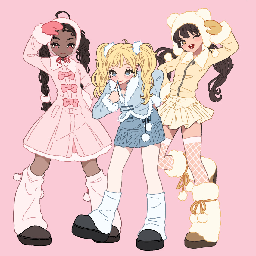 3girls ;d black_hair blonde_hair blue_eyes blue_jacket blue_nails blue_skirt brown_eyes brown_footwear coat dark-skinned_female dark_skin fashion fishnet_thighhighs fishnets fur_trim guriming gyaru highres hood jacket loose_socks multiple_girls one_eye_closed original pink_background pink_coat pink_eyes pink_mittens pom_pom_(clothes) procreate_(medium) simple_background skirt smile socks thigh-highs twintails white_headwear white_socks white_thighhighs yellow_jacket yellow_mittens zipper