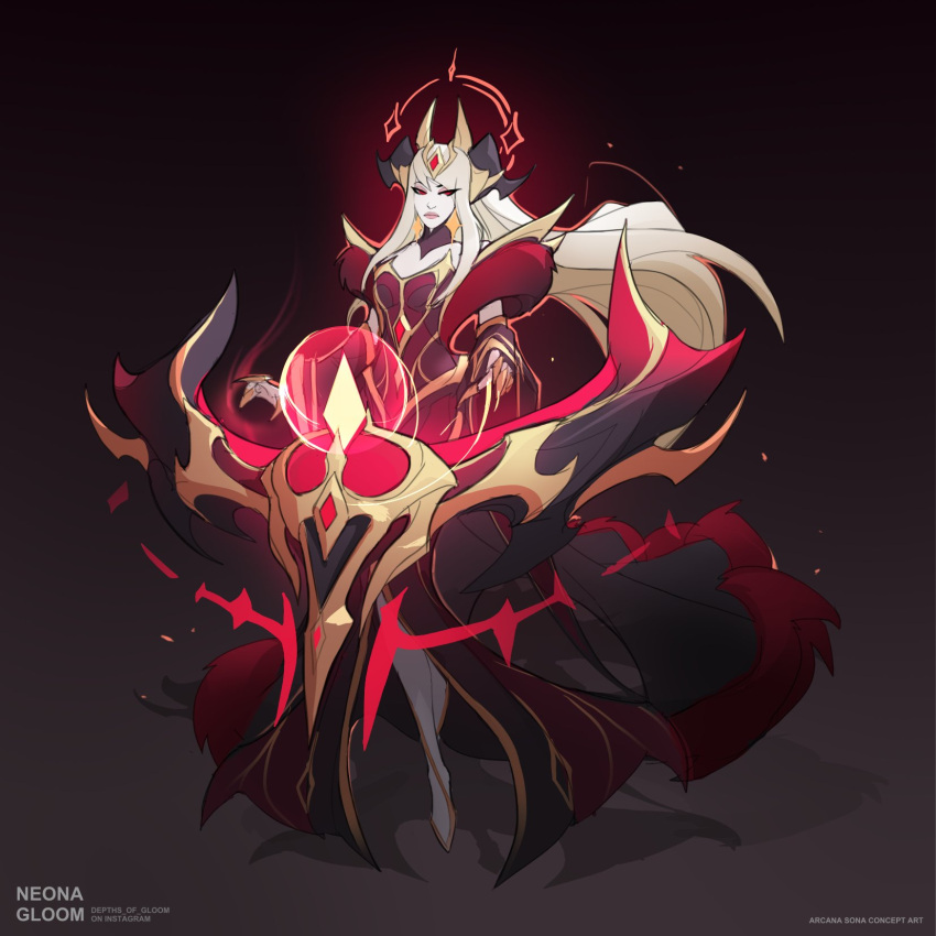 1girl alternate_costume arcana_(league_of_legends) artist_name bangs bare_shoulders black_horns blonde_hair breasts claws closed_mouth dress floating floating_object frown full_body gem glowing gradient_background hair_ornament highres horns large_breasts league_of_legends long_hair looking_at_viewer medium_breasts multicolored_background neona_gloom red_dress red_eyes solo sona_(league_of_legends) watermark