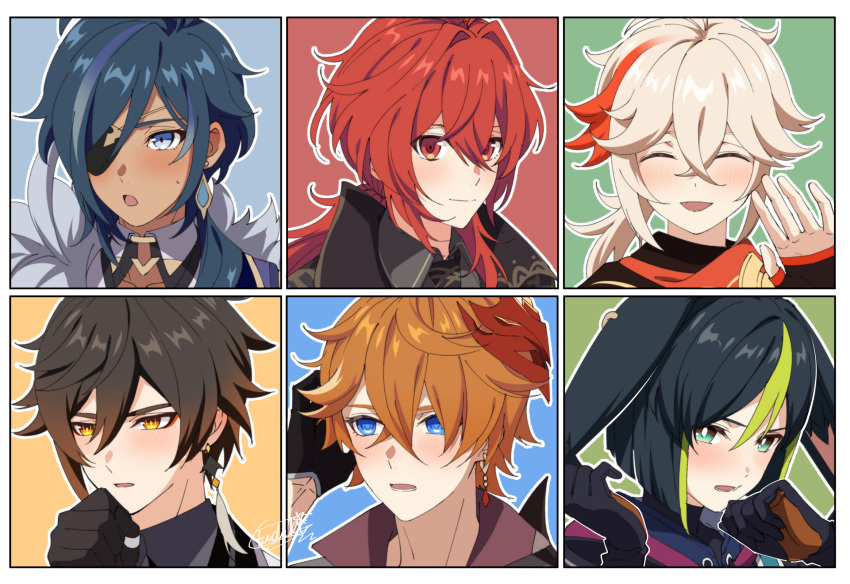 6+boys animal_ears bangs black_gloves black_hair blue_eyes blue_hair brown_hair cape coat diluc_(genshin_impact) earrings eyepatch fox_ears fur-trimmed_cape fur_trim genshin_impact gloves green_eyes green_hair hair_between_eyes highres jacket japanese_clothes jewelry kaedehara_kazuha kaeya_(genshin_impact) long_hair male_focus mask mask_on_head multicolored_hair multiple_boys open_mouth orange_eyes orange_hair red_eyes red_mask redhead single_earring streaked_hair tartaglia_(genshin_impact) tighnari_(genshin_impact) waving white_hair yuu_(mboj_fdk) zhongli_(genshin_impact)