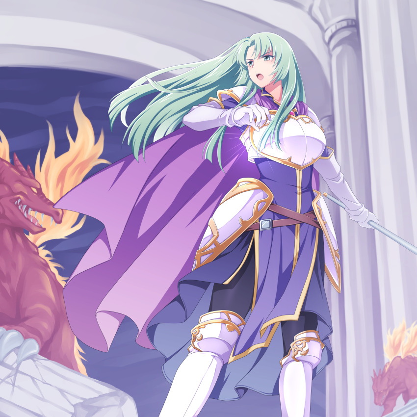 1girl :o armor armored_boots black_pants boots breastplate cape cecilia_(fire_emblem) dragon dress elbow_gloves fire fire_emblem fire_emblem:_the_binding_blade gloves green_hair ham_pon highres holding holding_staff long_hair pants purple_cape purple_dress solo staff v-shaped_eyebrows white_footwear white_gloves