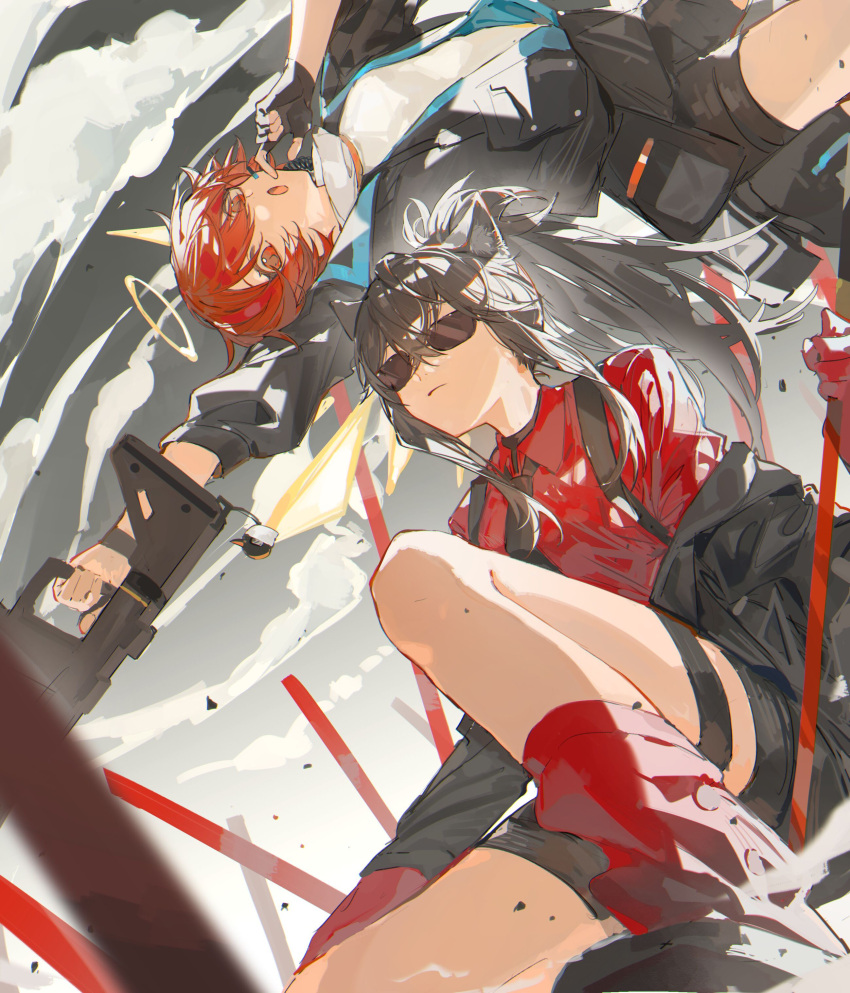 2girls :o absurdres animal_ear_fluff animal_ears arknights black_footwear black_gloves black_hair black_jacket black_necktie black_shorts collared_shirt detached_wings exusiai_(arknights) exusiai_(midnight_delivery)_(arknights) fingerless_gloves gloves gun halo highres holding holding_gun holding_weapon jacket kriss_vector kuilaogouhuabudongle looking_at_viewer multiple_girls necktie off_shoulder official_alternate_costume open_clothes open_jacket open_mouth partially_unzipped ponytail red_eyes red_gloves red_shirt red_socks redhead shirt short_hair shorts socks submachine_gun sunglasses suspenders texas_(arknights) texas_(willpower)_(arknights) weapon white_shirt wings wolf_ears