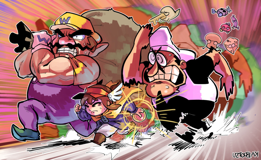 1girl 2boys a_hat_in_time afterimage bag brown_hair cape chef_hat clenched_teeth closed_eyes commentary crossover english_commentary facial_hair frown gloves hat hat_kid highres holding holding_bag kaibootsu multiple_boys multiple_crossover mustache overalls peppino_spaghetti pizza_tower pointy_footwear purple_overalls running signature speed_lines super_mario_bros. sweat teeth thick_eyebrows toppins_(pizza_tower) visor_cap wario wario_land white_gloves winged_hat yellow_cape