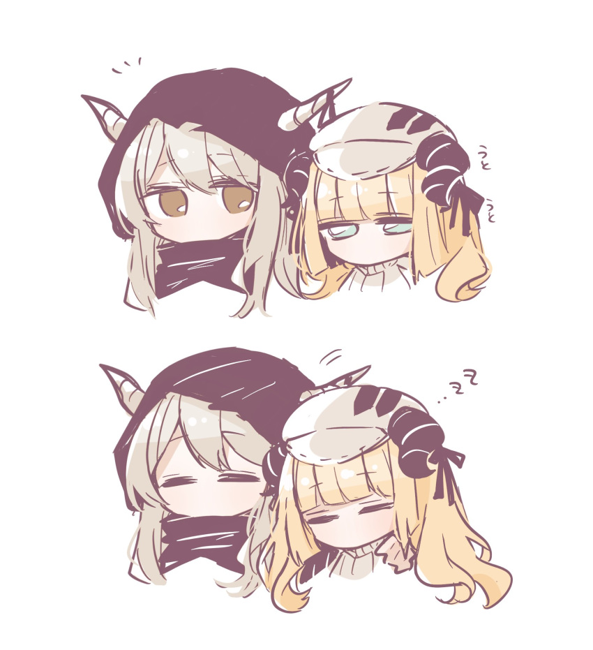 2girls arknights black_hood black_horns blonde_hair cabbie_hat chibi closed_eyes curled_horns fukarinchi hand_on_another's_shoulder hat highres horns multiple_girls nightingale_(arknights) portrait shining_(arknights) simple_background sleeping sleepy sweater white_background white_hair white_headwear white_horns white_sweater zzz