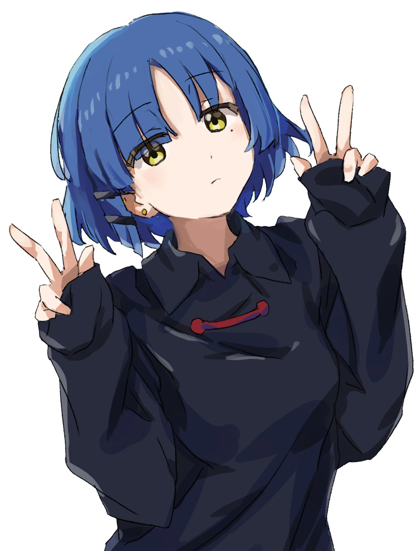 1girl bangs black_shirt blue_hair bocchi_the_rock! breasts closed_mouth collared_shirt double_w earrings hair_ornament hairclip highres jewelry long_sleeves looking_at_viewer medium_breasts mole mole_under_eye shirt short_hair sleeves_past_wrists solo upper_body w white_background yakkl yamada_ryou yellow_eyes