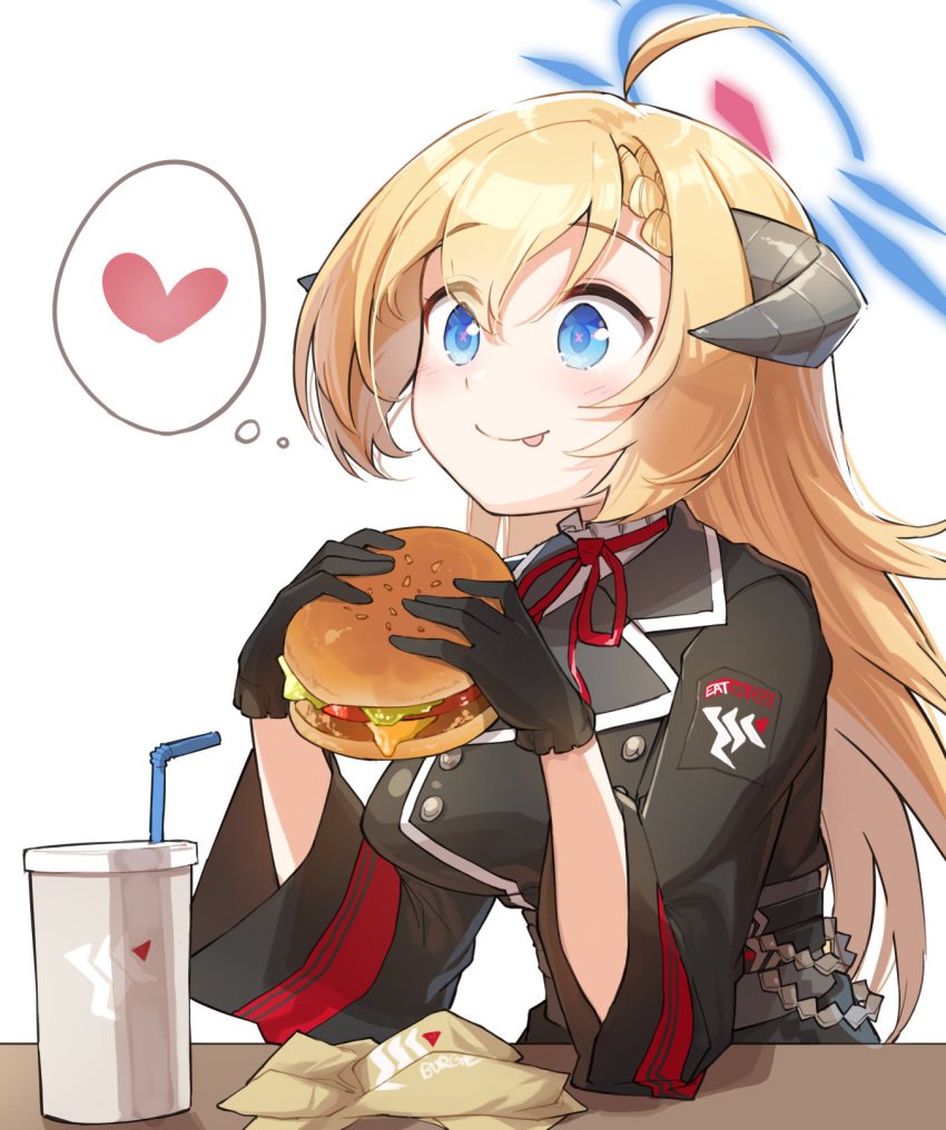 1girl :p ahoge akari_(blue_archive) black_gloves blonde_hair blue_archive blue_eyes braid breasts burger cup drinking_straw food frilled_gloves frills gloves grey_horns heart highres holding holding_food horns large_breasts miya_kazutomo neck_ribbon pink_pupils ribbon sleeves_past_elbows solo symbol-shaped_pupils tongue tongue_out x-shaped_pupils