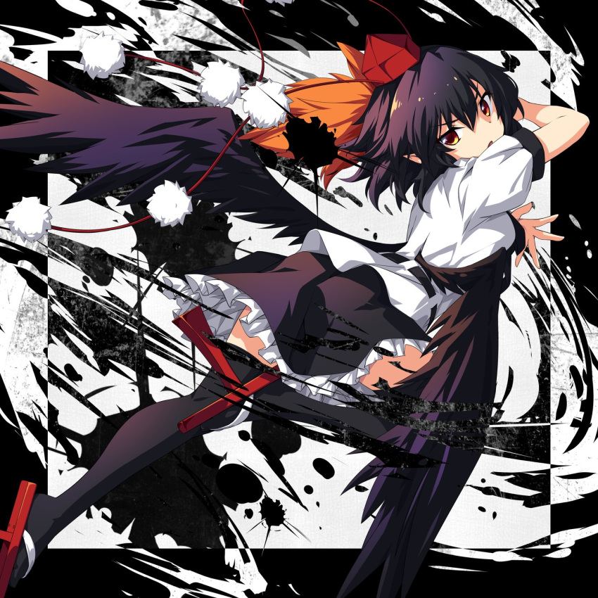 1girl arm_up back bangs black_background black_hair black_necktie black_skirt black_thighhighs breasts commentary_request feathered_wings flying frills from_behind geta hair_between_eyes hand_fan hands_up hat highres holding holding_fan leg_up looking_back medium_breasts necktie open_mouth pointy_ears pom_pom_(clothes) puffy_short_sleeves puffy_sleeves red_eyes red_footwear red_headwear shameimaru_aya shirt shoes short_hair short_sleeves skirt solo tengu-geta thigh-highs tokin_hat touhou ugume v-shaped_eyebrows white_background white_shirt wings