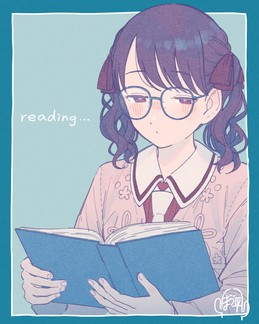 1girl black_hair book commentary_request fukumaru_koito glasses hair_ribbon highres holding holding_book idolmaster idolmaster_shiny_colors necktie paayan_(hagakinorock54) reading ribbon solo twintails upper_body violet_eyes