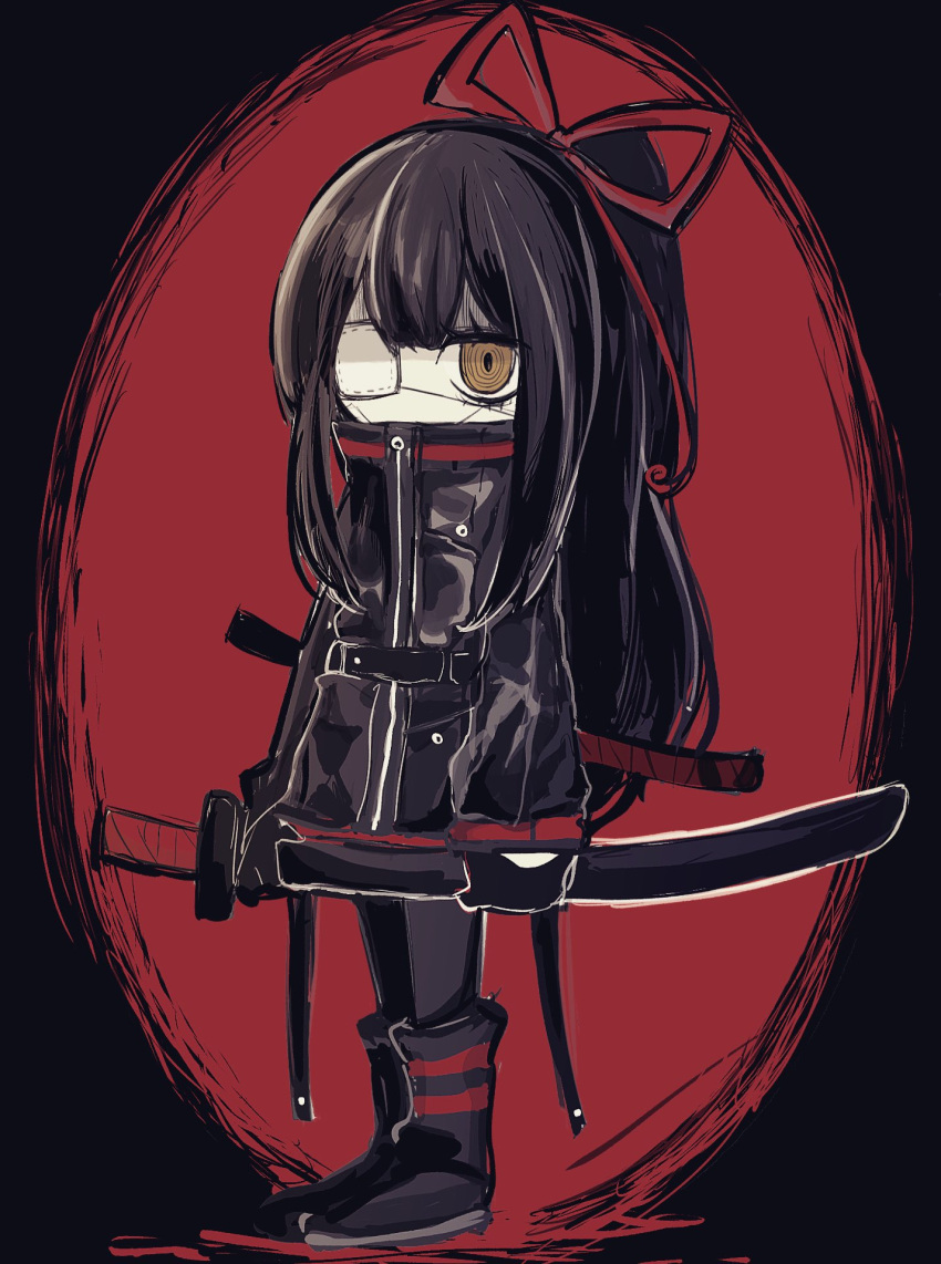1girl belt black_belt black_footwear black_gloves black_hair black_jacket black_pants boots commentary eyepatch full_body gloves hair_ribbon hatosabure highres holding holding_sword holding_weapon jacket library_of_ruina long_hair long_sleeves pale_skin pants ponytail project_moon red_ribbon ribbon ringed_eyes scar scar_on_face solo sword tenma_(library_of_ruina) weapon yellow_eyes