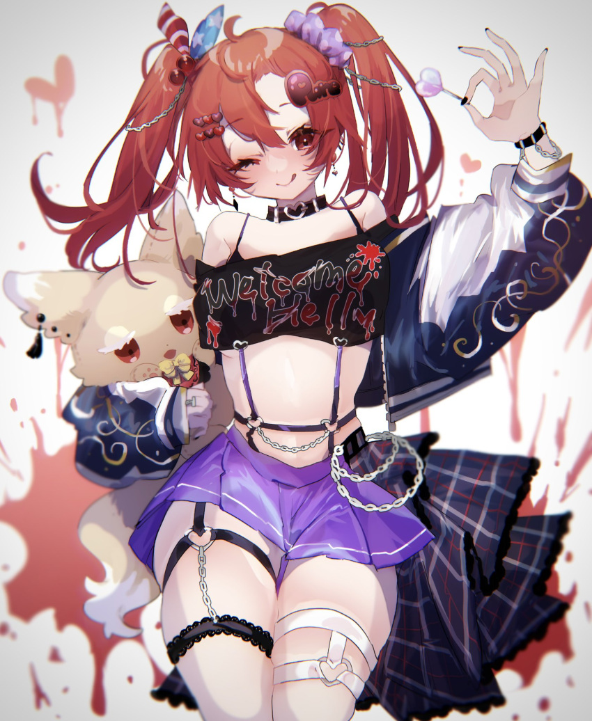 1girl :p ayahi_4 bangs bare_shoulders black_choker bow breasts candy chain choker commentary crop_top earrings english_text food hair_ornament hair_scrunchie hairclip heart hecatia_lapislazuli highres jacket jewelry lollipop long_sleeves looking_at_viewer midriff miniskirt off_shoulder one_eye_closed open_clothes open_jacket red_eyes redhead scrunchie simple_background skirt small_breasts smile solo stomach stuffed_animal stuffed_toy tongue tongue_out touhou twintails yellow_bow