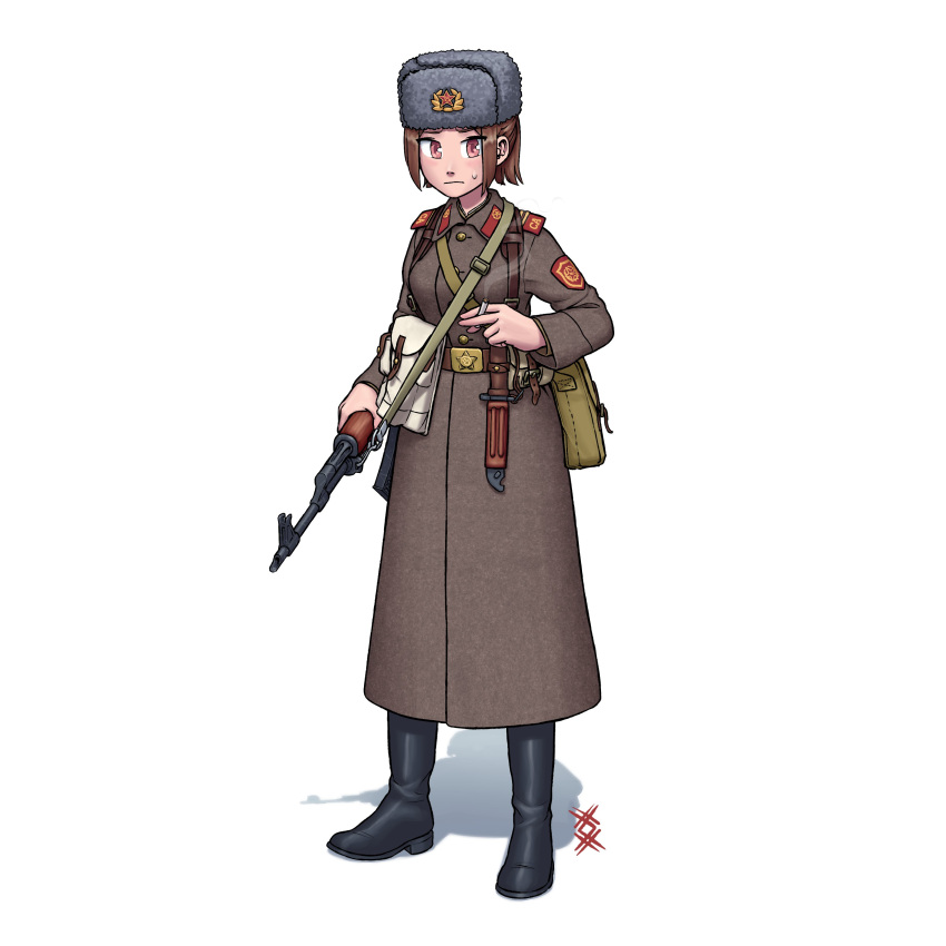 1girl absurdres akm ammunition_pouch bayonet brown_hair cigarette fur_hat greatcoat gun hat highres holding holding_cigarette holding_gun holding_weapon kalashnikov_rifle load_bearing_equipment military military_uniform nervous original ostwindprojekt pouch red_eyes signature simple_background sling smoking soviet soviet_army sweatdrop uniform ushanka weapon white_background