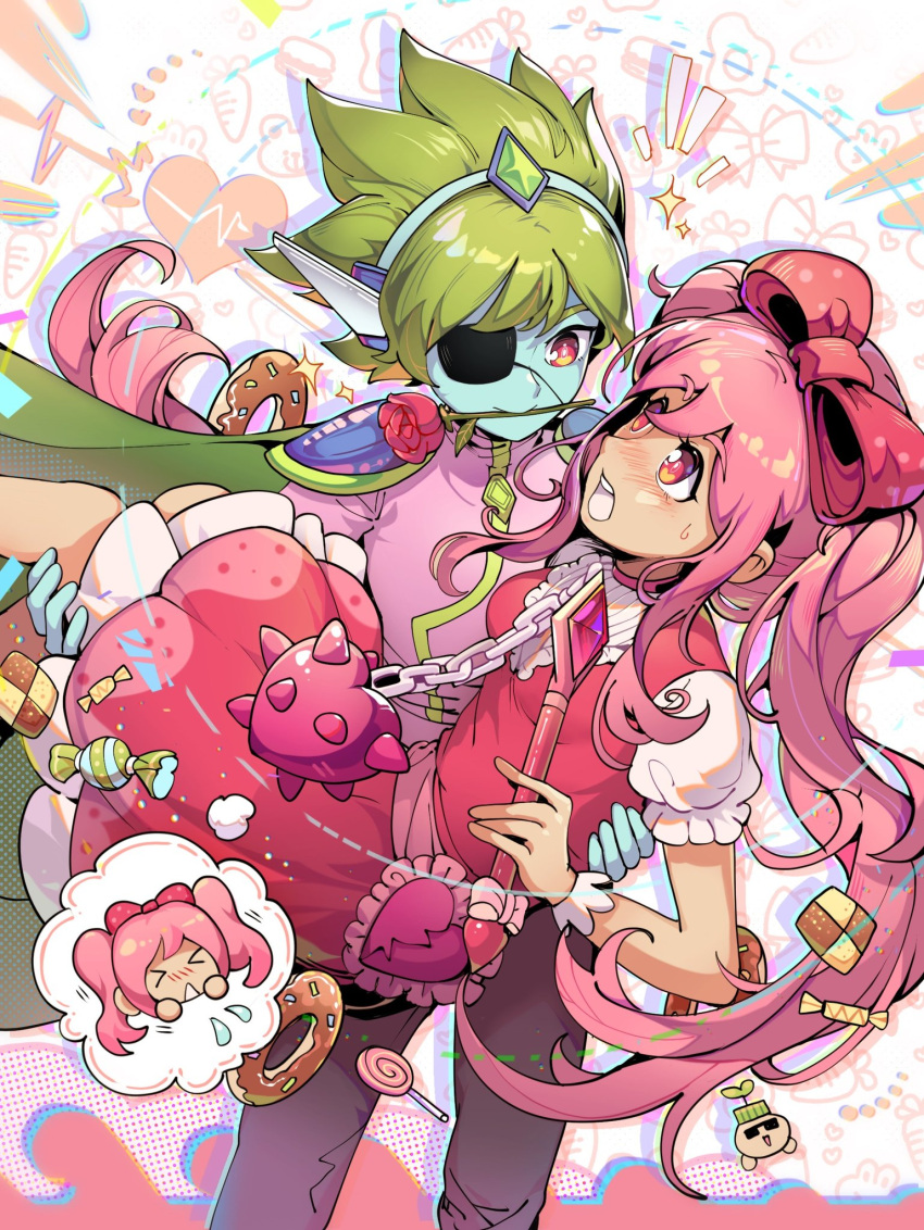 1boy 1girl blue_skin blush bow candy captain_spaceboy carrying colored_skin dark-skinned_female dark_skin doughnut eyepatch flower flower_in_mouth food green_hair hair_bow highres lollipop long_hair looking_at_another omori open_mouth pink_bow pink_hair princess_carry puffy_short_sleeves puffy_sleeves red_eyes red_flower red_rose rose short_hair short_sleeves sprout_mole_mike sunglasses sweetheart_(omori) twintails zs_zealsummer