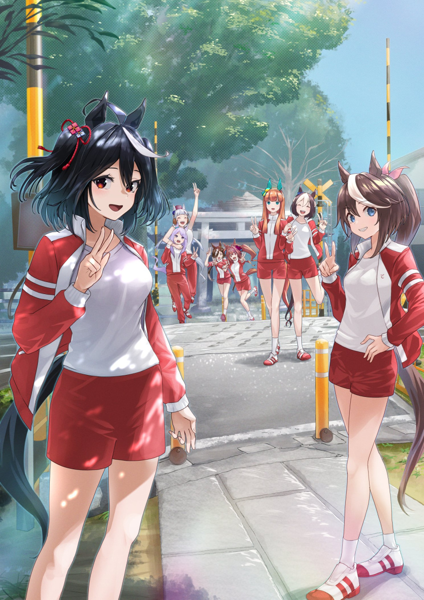 6+girls black_hair blue_eyes brown_eyes brown_hair character_request hair_ornament hand_on_hip highres jacket multiple_girls nabe_puyo open_clothes open_jacket orange_hair railroad_crossing red_jacket red_shorts shirt shorts smile sportswear track_jacket tree umamusume v white_hair white_shirt