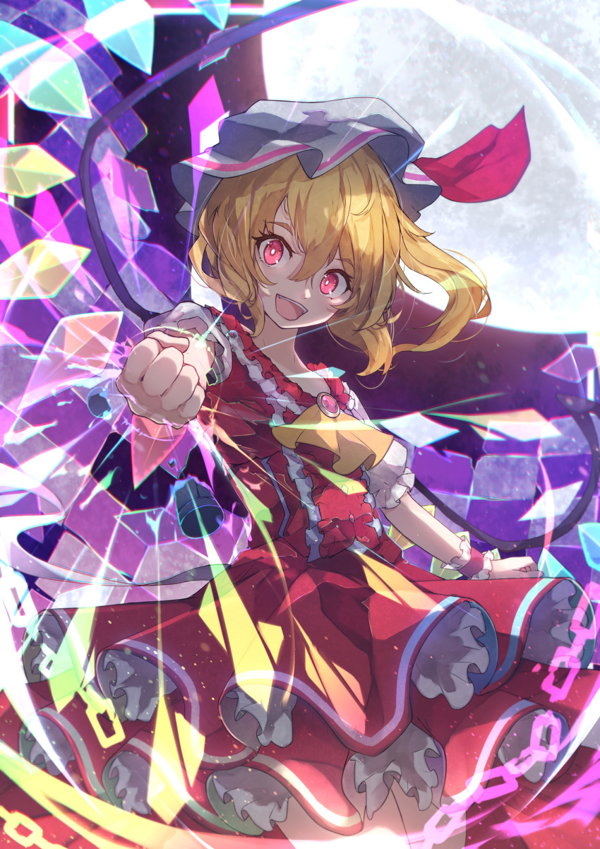 1girl ascot bangs blonde_hair bright_pupils chiroru_(cheese-roll) clenched_hand commentary commission crystal flandre_scarlet hat hat_ribbon highres looking_at_viewer one_side_up open_mouth rainbow_order red_eyes red_ribbon red_skirt ribbon skirt solo touhou white_headwear white_pupils wings wrist_cuffs yellow_ascot