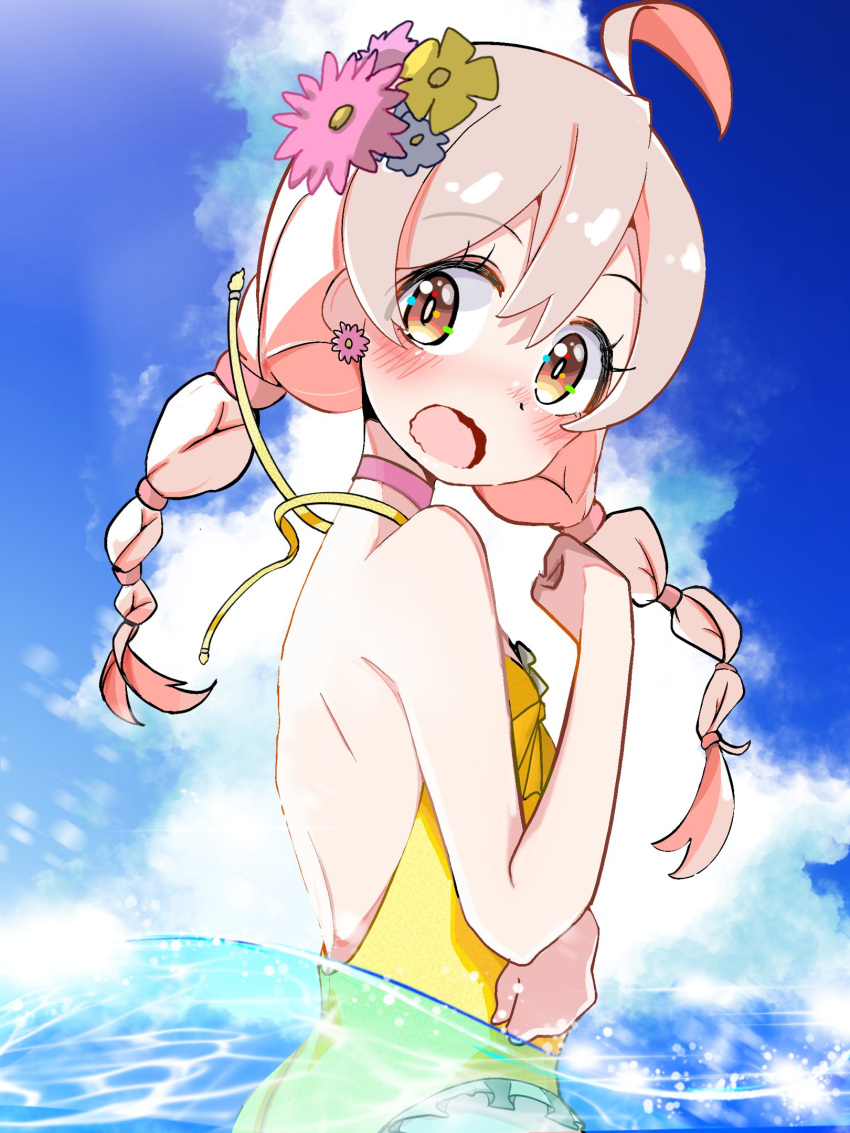 1girl ahoge back_cutout bangs blue_sky blush choker clenched_hands clothing_cutout clouds commentary_request day eyelashes flat_chest flower hair_between_eyes hair_flower hair_ornament hand_up highres looking_at_viewer low_twintails medium_hair one-piece_swimsuit onii-chan_wa_oshimai! open_mouth oyama_mahiro partially_submerged pink_choker pink_hair sky solo swimsuit twintails untied_swimsuit water wavy_mouth yellow_eyes yellow_one-piece_swimsuit yuruligon