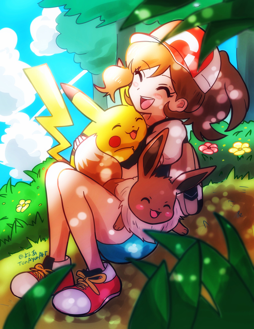 1girl absurdres animal_hug backpack bag baseball_cap blue_sky brown_hair bush closed_eyes clouds eevee elaine_(pokemon) flower hat highres knees_up open_mouth outdoors pikachu pokemon pokemon_(creature) pokemon_(game) pokemon_lgpe ponytail sheyona shoes short_sleeves shorts sitting sky smile tree