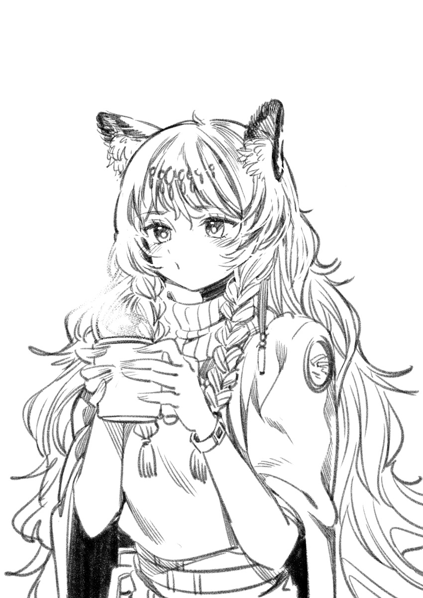 absurdres animal_ear_fluff animal_ears arknights bead_necklace beads blanchat braid cup grey_eyes grey_thighhighs greyscale highres holding holding_cup jewelry leopard_ears leopard_girl leopard_tail monochrome necklace pramanix_(arknights) side_braids tagme tail thigh-highs