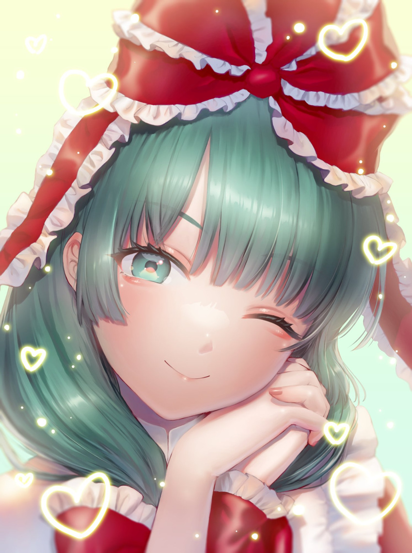 1girl bow close-up dress green_eyes green_hair hair_bow heart highres kageharu kagiyama_hina looking_at_viewer mountain_of_faith multicolored_background one_eye_closed own_hands_together red_bow red_dress smile solo touhou