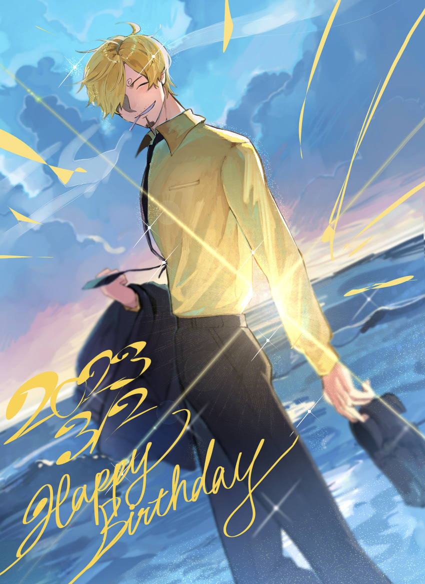 1boy ^_^ absurdres black_footwear black_pants blonde_hair blue_sky blue_theme cigarette closed_eyes earrings facial_hair fate/stay_night fate_(series) grin hair_over_one_eye hand_up happy happy_birthday highres holding holding_clothes holding_shoes jewelry long_sleeves male_focus necktie ocean one_piece pants sanji_(one_piece) school_uniform shirt shoes short_hair sky smile solo tokoni_fusu yellow_shirt