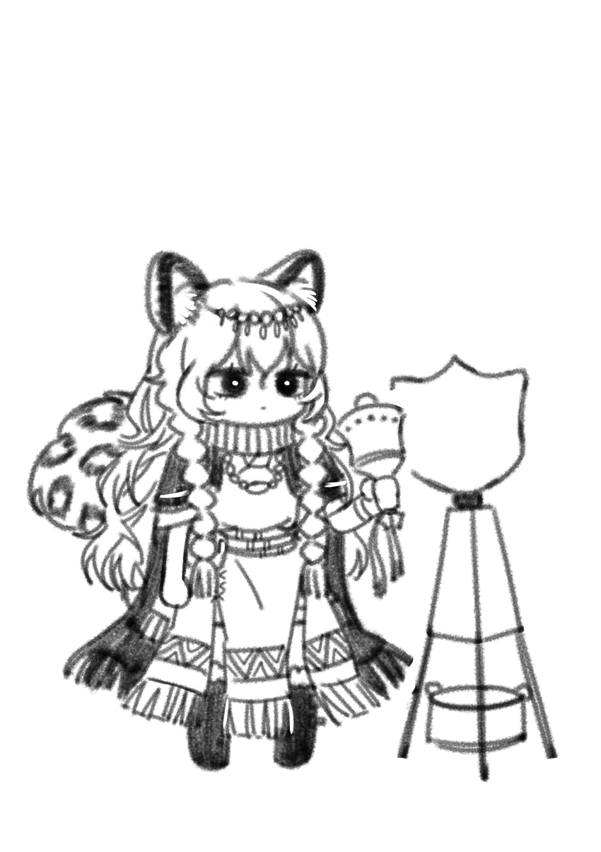 absurdres animal_ear_fluff animal_ears arknights bead_necklace beads bell blanchat braid grey_eyes grey_thighhighs greyscale highres holding holding_bell jewelry leopard_ears leopard_girl leopard_tail monochrome necklace pramanix_(arknights) side_braids tagme tail thigh-highs