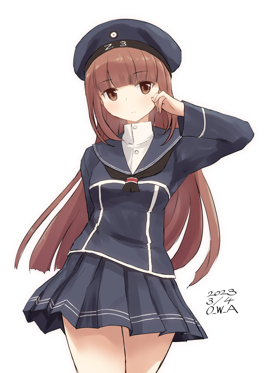 1girl adapted_costume artist_name blue_shirt blue_skirt brown_eyes clothes_writing cowboy_shot dated hat highres kantai_collection long_hair owa_(ishtail) redhead sailor_collar sailor_hat shirt simple_background skirt solo white_background z3_max_schultz_(kancolle)