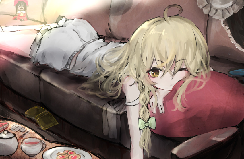 1girl absurdres bangs blonde_hair bloomers book braid character_doll cookie couch cross-shaped_pupils cup food hakurei_reimu highres kirisame_marisa long_hair lying on_couch on_stomach one_eye_closed pillow plate semisigule shirt symbol-shaped_pupils teacup teapot touhou underwear white_bloomers white_shirt yellow_eyes