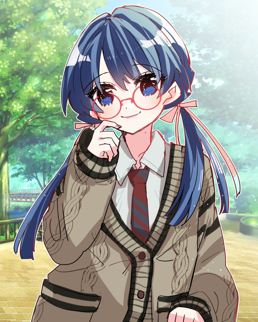 1girl alternate_costume arm_at_side blue_eyes blue_hair brown_necktie brown_sweater closed_mouth collarbone commentary dark_blue_hair diagonal-striped_clothes diagonal-striped_necktie dress_shirt glasses hair_ribbon hand_on_own_face highres kanduki_kamibukuro link!_like!_love_live! long_hair long_sleeves looking_at_viewer love_live! low_twintails mole mole_on_neck murano_sayaka necktie park pink_ribbon ribbon round_eyewear school_uniform shirt sleeves_past_wrists smile solo striped_clothes sweater tree twintails upper_body white_shirt