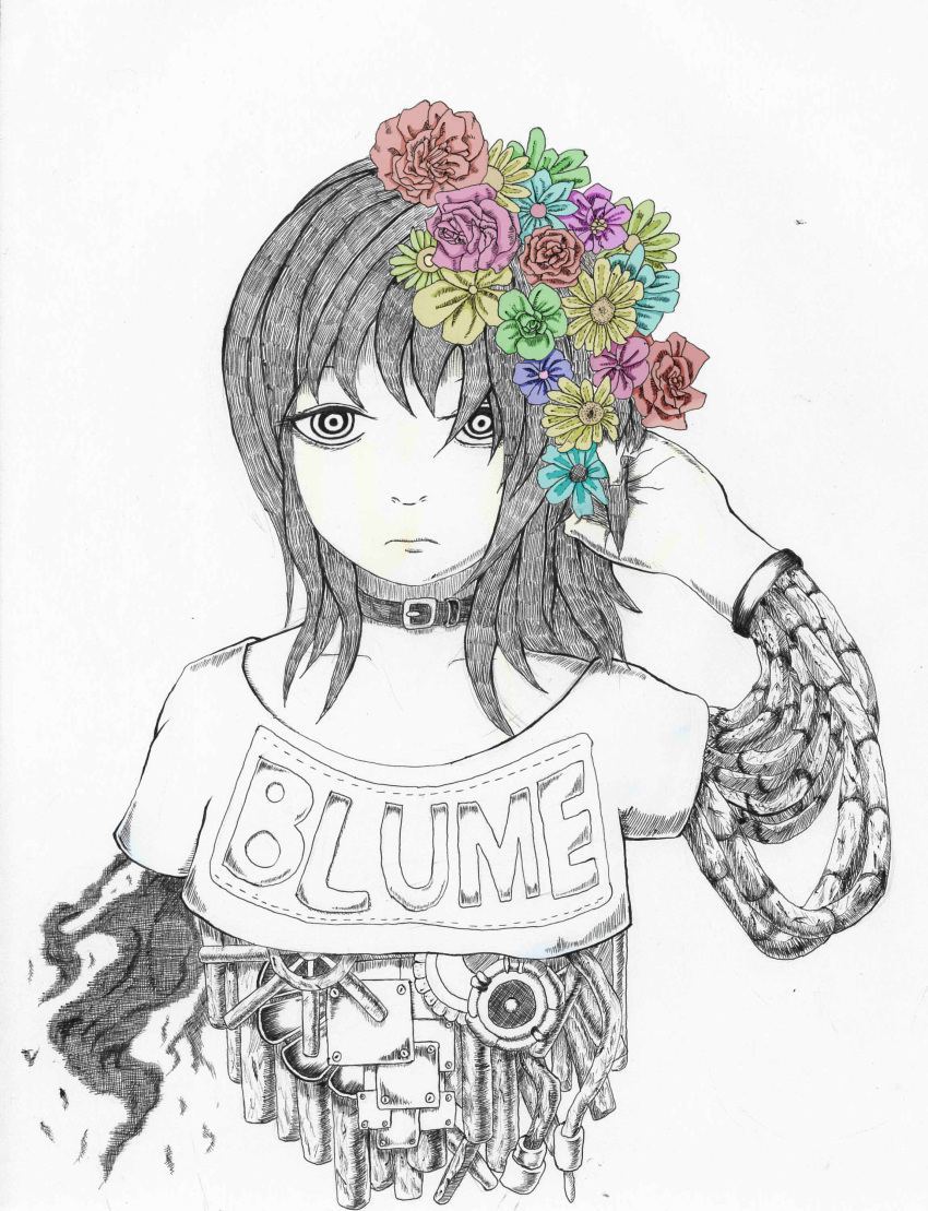 1girl absurdres android aqua_flower black_choker black_hair blue_flower choker damaged flower green_flower hair_flower hair_ornament hand_up highres hinoe_utakata long_hair looking_at_viewer mechanical_parts original print_shirt purple_flower red_flower ringed_eyes shirt short_sleeves simple_background solo spot_color traditional_media white_background yellow_flower