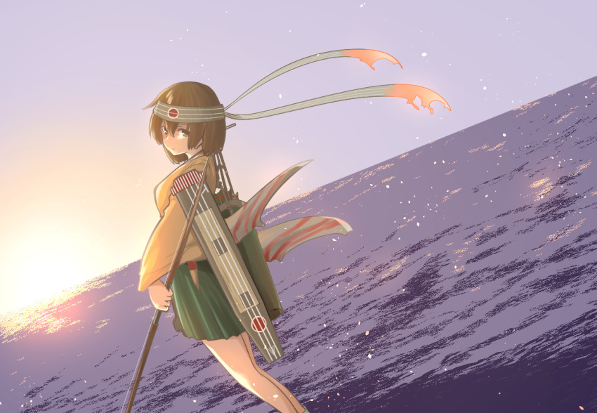 1girl blue_sky bow_(weapon) brown_hair clouds day feet_out_of_frame flight_deck green_hakama hakama hakama_short_skirt hakama_skirt headband hiryuu_(kancolle) hiryuu_kai_ni_(kancolle) horizon japanese_clothes kantai_collection looking_back ocean one_side_up outdoors quiver short_hair skirt sky solo sunrise tiger_(tiger-kimu) weapon