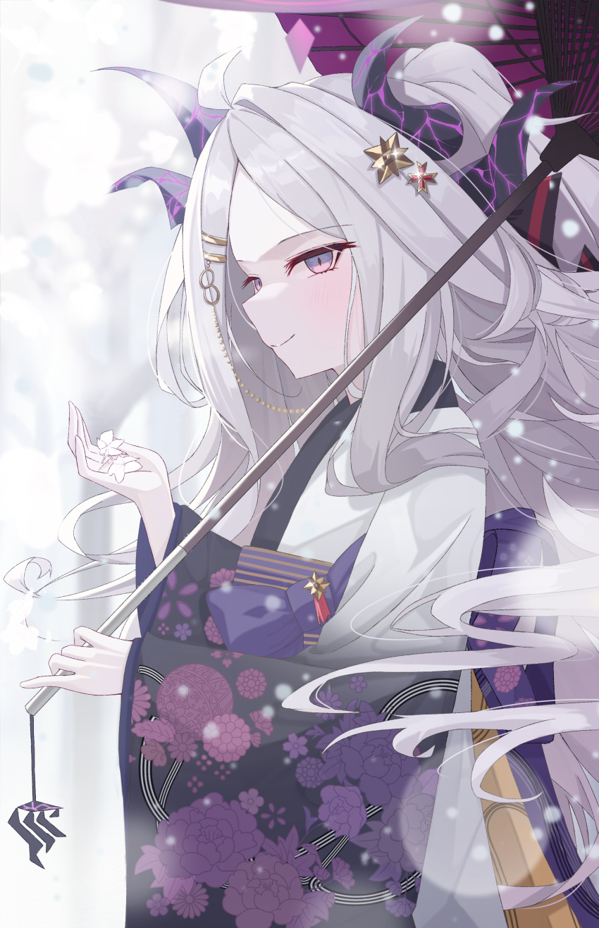 1girl absurdres ahoge alternate_costume blue_archive blush cine9447 closed_mouth commentary demon_horns floral_print flower from_side furisode grey_hair halo highres hina_(blue_archive) holding holding_flower horns japanese_clothes kimono long_hair long_sleeves looking_at_viewer narrowed_eyes oil-paper_umbrella profile purple_kimono slit_pupils smile snow snowing solo standing umbrella upper_body very_long_hair violet_eyes wavy_hair wide_sleeves