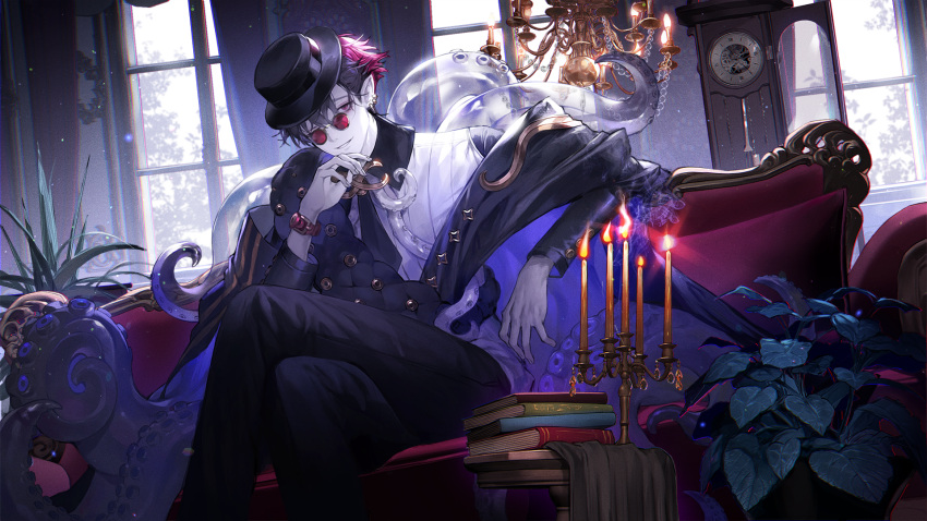 1boy alchemy_stars black_hair black_headwear black_pants book bowler_hat candelabra candle candlestand chandelier clock couch crossed_legs feet_out_of_frame fire glasses grandfather_clock hat highres indoors kleken_(alchemy_stars) lentain long_sleeves looking_at_viewer male_focus multicolored_hair one_eye_closed pale_skin pants parted_lips plant pointy_ears red-tinted_eyewear round_eyewear shirt short_hair sitting smile solo tentacles tinted_eyewear translucent very_short_hair watch white_shirt window