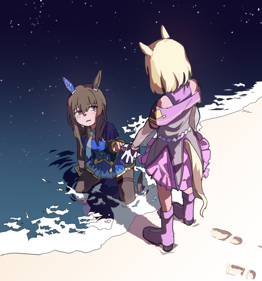 2girls admire_vega_(umamusume) animal_ears bare_shoulders beach black_pantyhose blonde_hair blue_dress blue_necktie blush boots brown_hair crying crying_with_eyes_open dress ear_covers facing_another facing_away footprints from_above furrowed_brow gloves gold_trim hair_between_eyes high-low_skirt highres horse_ears horse_girl horse_tail knee_boots kneeling long_hair looking_at_another looking_up multiple_girls narita_top_road_(umamusume) necktie ocean off-shoulder_dress off_shoulder on_ground outstretched_hand pantyhose pink_dress pink_footwear raised_eyebrows reaching reflection reflective_water sand see-through see-through_sleeves shadow short_hair single_ear_cover sky star_(sky) starry_sky tail tears umamusume umamusume:_road_to_the_top umiwashi violet_eyes white_gloves