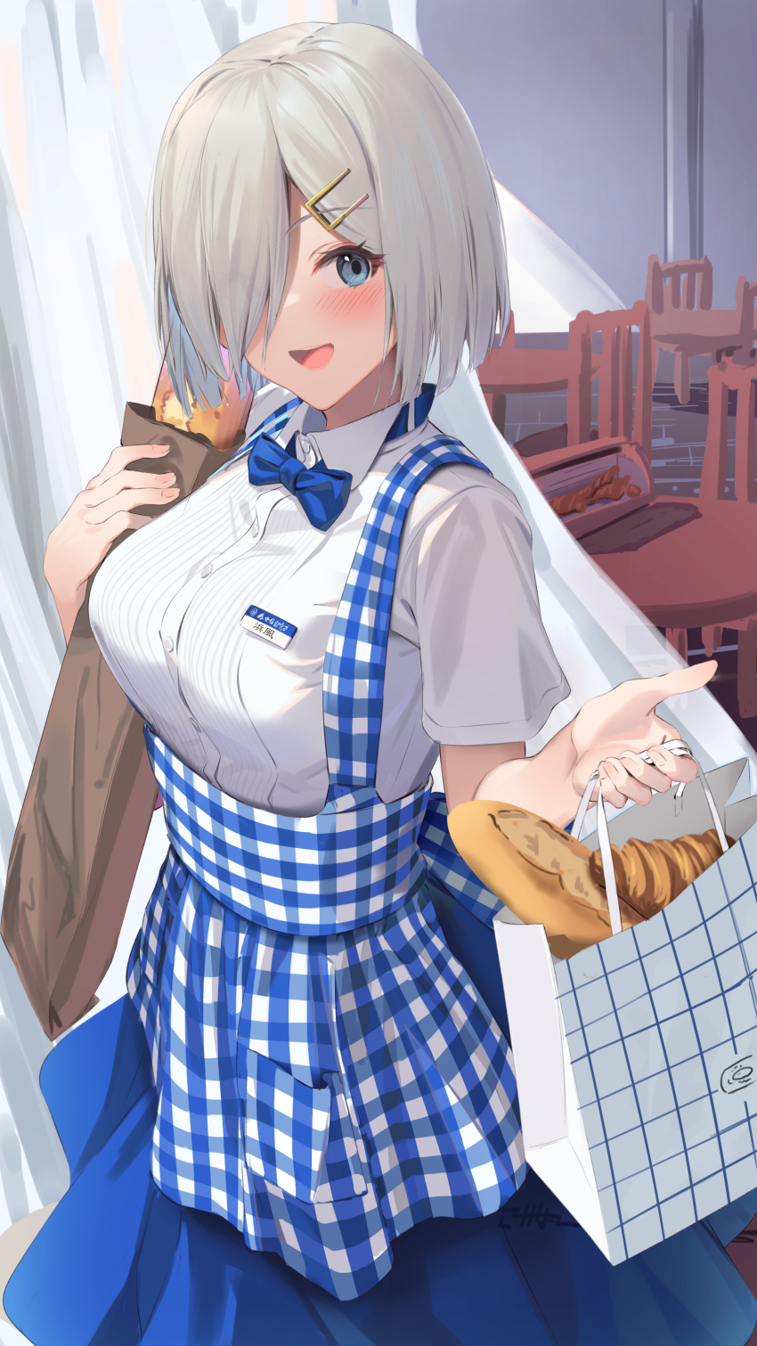 1girl absurdres apron bag blue_apron blue_eyes blue_skirt blush bread breasts collared_shirt commission food gradient_background grey_hair hair_ornament hair_over_one_eye hairclip hamakaze_(kancolle) highres holding holding_bag kantai_collection kobeya_uniform kokenashi large_breasts open_mouth shirt short_hair short_sleeves skeb_commission skirt smile solo white_shirt