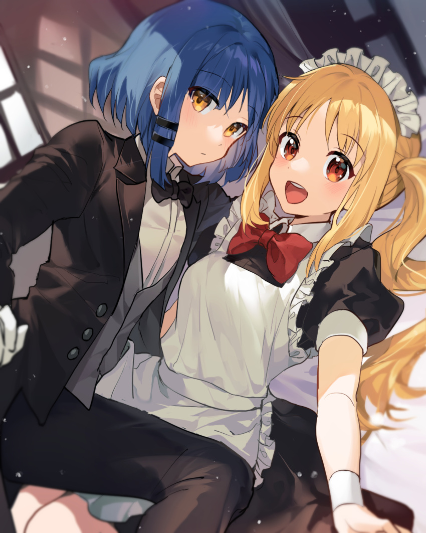 2girls :d akitsuki_(oenothera) alternate_costume apron black_bow black_bowtie black_pants blonde_hair blue_hair bocchi_the_rock! bow bowtie commentary_request enmaided formal highres ijichi_nijika long_hair maid maid_apron maid_headdress multiple_girls open_mouth pants red_eyes short_hair smile suit teeth upper_teeth_only yamada_ryou yellow_eyes