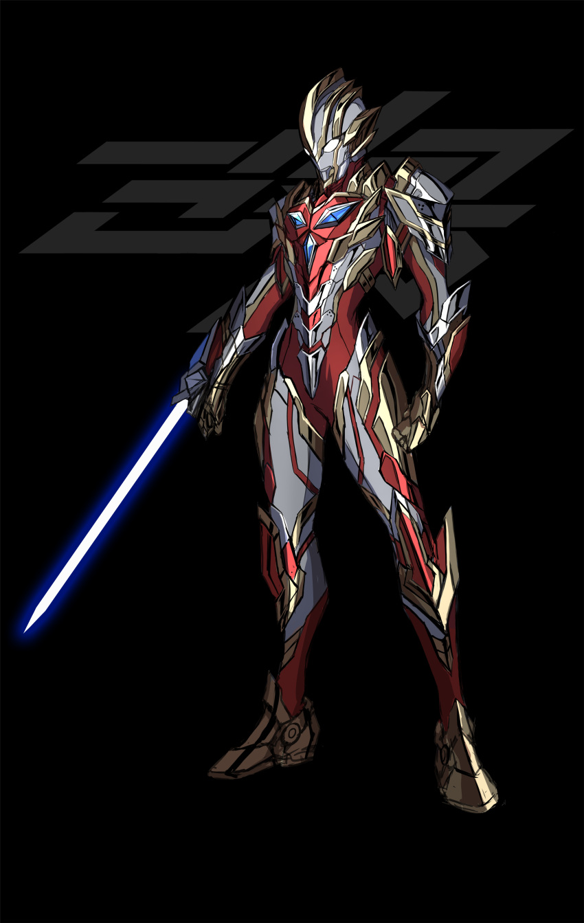 1boy 3ok absurdres alien alternate_universe arm_blade blade bodysuit color_timer glitter_trigger_eternity glowing_lines highres male_focus multicolored_bodysuit multicolored_clothes no_pupils red_bodysuit standing sword tokusatsu ultra_series ultraman_(hero's_comics) ultraman_mebius ultraman_mebius_(series) ultraman_suit ultraman_trigger ultraman_trigger_(series) weapon