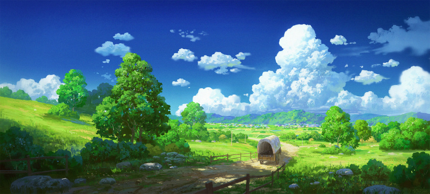 blue_sky carriage clouds covered_wagon cyclecircle fence highres no_humans original outdoors plant road sky tree