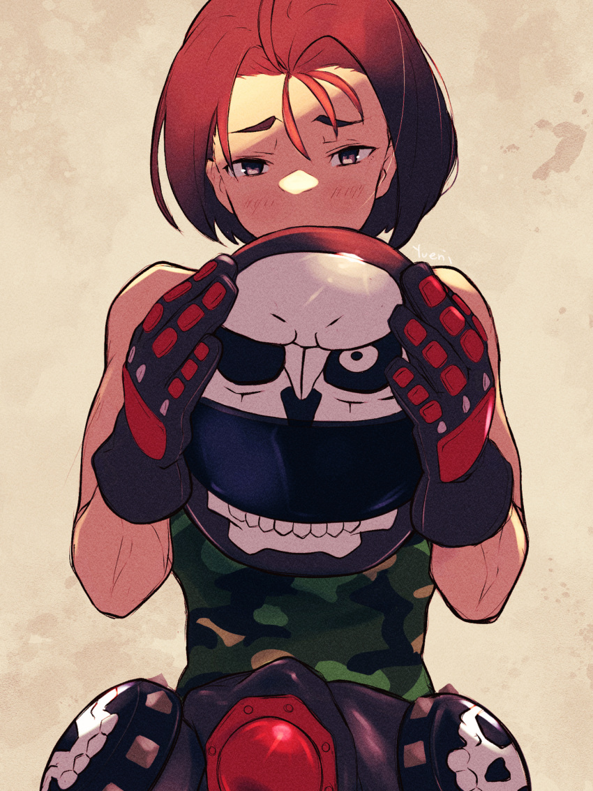 1girl black_gloves blush brown_hair camouflage_tank_top clothes_around_waist commentary_request gloves helmet highres holding holding_helmet jacket jacket_around_waist kazama_akira looking_at_viewer motorcycle_helmet multicolored_clothes multicolored_gloves red_gloves rival_schools shirt short_hair skull_print sleeveless sleeveless_shirt solo street_fighter tank_top upper_body yuenibushi