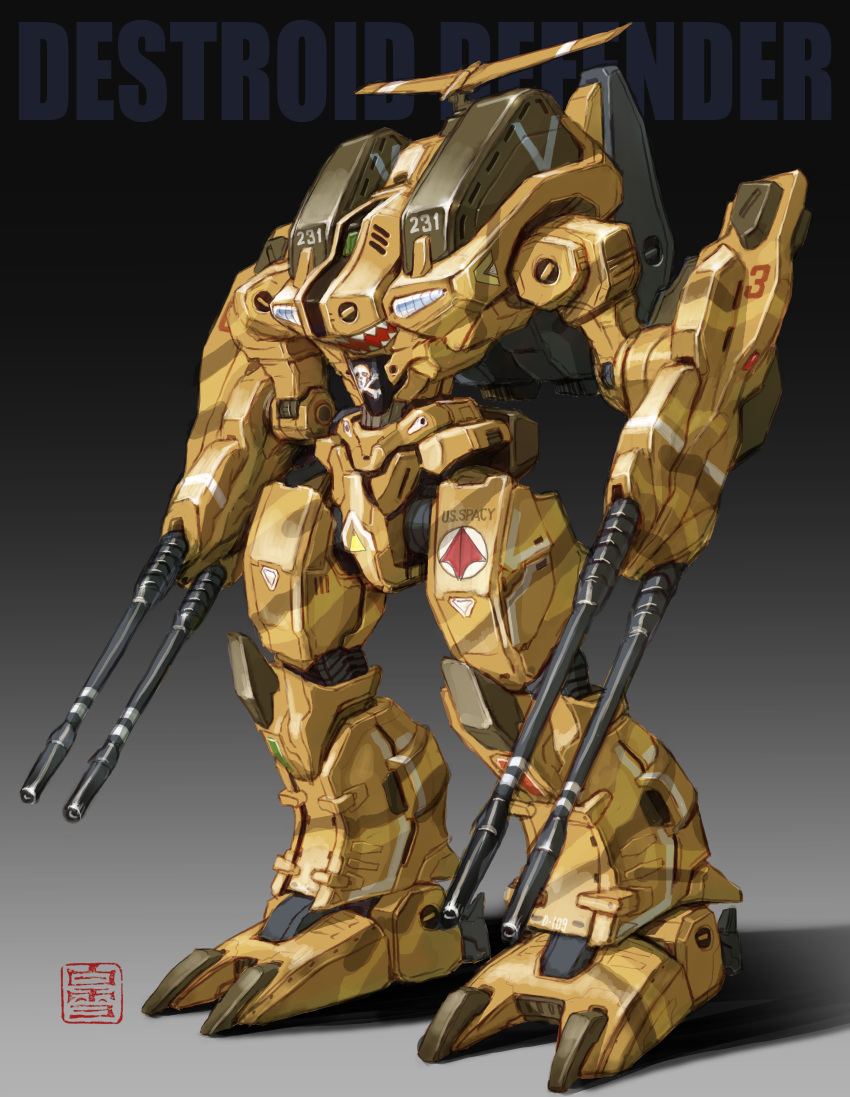absurdres arm_cannon artist_logo beam_cannon character_name choujikuu_yousai_macross commentary defender destroid dual_arm_cannons gradient_background highres insignia macross maeda_hiroyuki mecha no_humans radar redesign robot science_fiction skull_and_crossbones solo standing u.n._spacy weapon