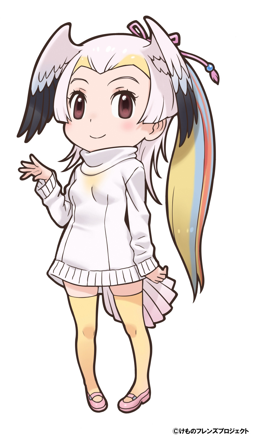 1girl absurdres bird_girl bird_tail bird_wings black_eyes black_hair blonde_hair blue_hair closed_mouth great_white_pelican_(kemono_friends) highres kemono_friends kneehighs long_hair looking_at_viewer multicolored_hair official_art pink_hair redhead ribbon shoes socks solo sweater tail white_background wings yoshizaki_mine