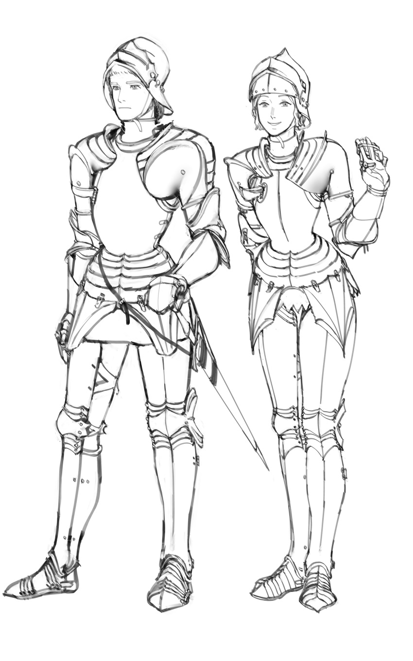 1boy 1girl absurdres armor breastplate cuisses full_armor full_body gauntlets greyscale helm helmet highres knight long_sleeves looking_at_viewer looking_to_the_side medieval medium_hair monochrome original plate_armor smile standing sword v wassnonnam weapon