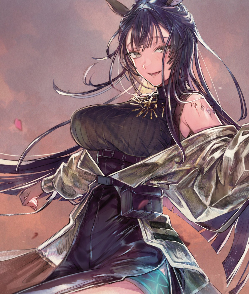 1girl animal_ears arknights bangs black_hair black_shirt black_skirt character_request cowboy_shot grey_jacket highres horse_ears jacket jewelry long_hair necklace open_mouth petals shirt side_slit skirt sleeveless sleeveless_shirt smile solo ueno_zousui very_long_hair